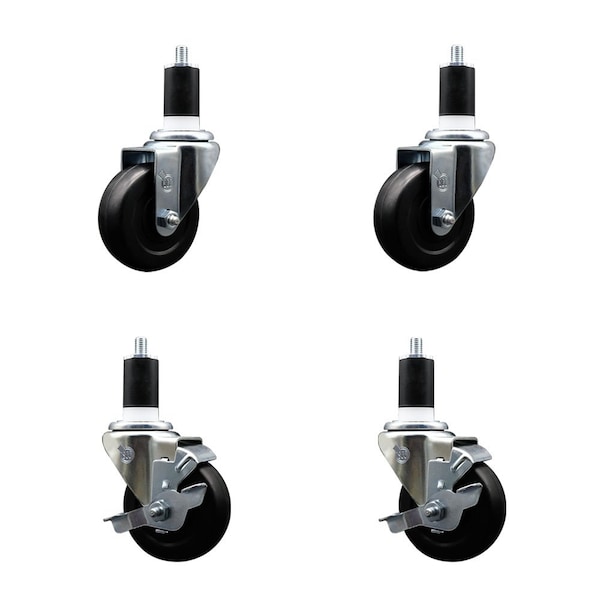 3.5'' Soft Rubber Wheel Swivel 1-1/2'' Expanding Stem Caster Set 2 Brakes, 4PK